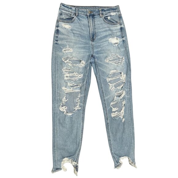American Eagle Women’s Highrise Mom Jeans Distressed Ripped Raw Hem Denim Size 8 - Picture 1 of 16